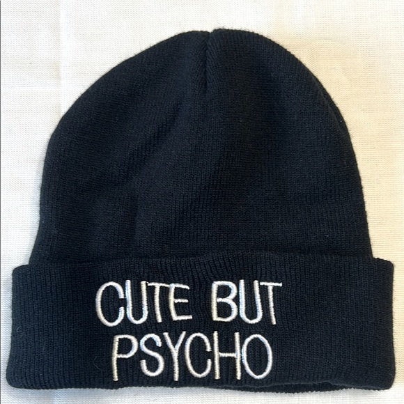 Accessories - CUTE BUT PSYCHO NWOT‼️ Black Beanie with White Embroidery